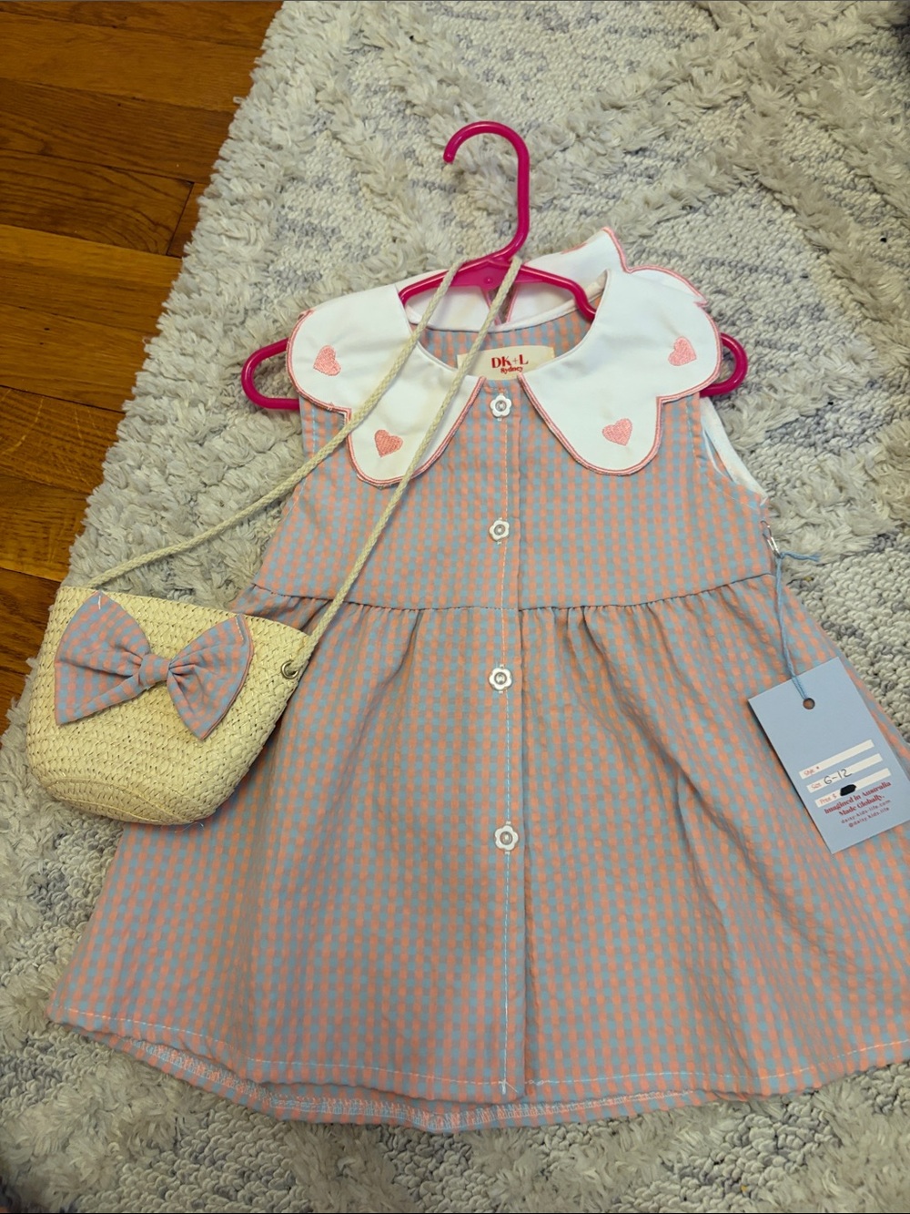 Daisy Pink and Blue Gingham Dress with Heart Collar